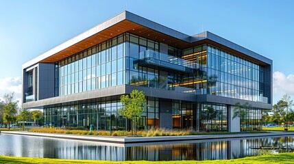 Obraz premium A contemporary glass building is seamlessly reflected in a calm water body, surrounded by lush greenery, symbolizing harmony between nature and modern architecture.