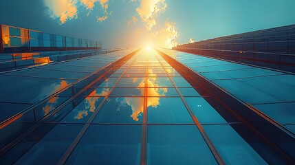A breathtaking view up the side of glass skyscrapers bathed in the golden glow of the setting sun, capturing the dramatic beauty of modern architecture against a colorful sky.
