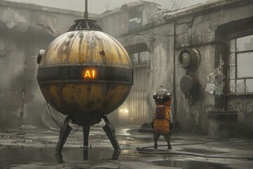Steampunk AI sphere in an industrial setting showcasing technological innovation and creative design.