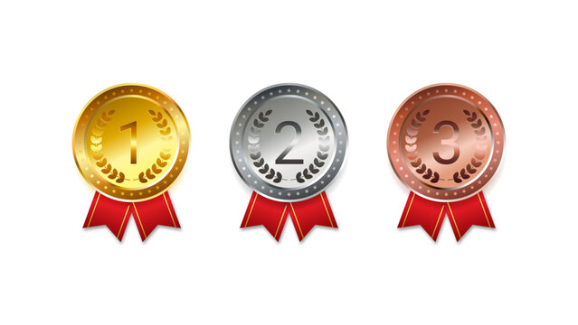 Set of gold, silver and bronze medals with red ribbons isolated vector illustration