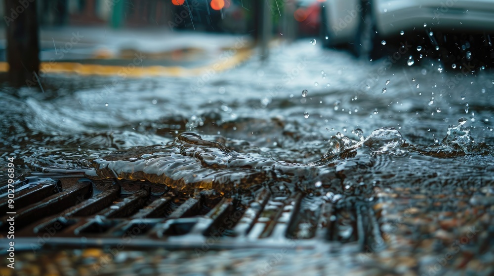 Wall mural A street with a grate in the middle of it that is filled with water. The water is coming from the sky and is falling onto the street