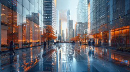 Obraz premium A futuristic cityscape featuring tall, reflective glass buildings, modern architecture, and people walking on a wet street.
