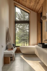 Fototapeta premium A bathroom with a large window and a bathtub. The window is letting in sunlight, creating a warm and inviting atmosphere. The bench in the bathroom is covered in a blanket