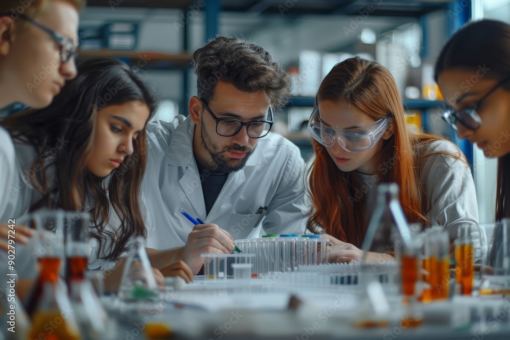 Poster diverse group of students collaborate in a busy science lab environment