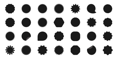 Starburst and sunburst badges. Black wavy edge. Vector