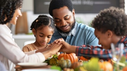 African American Family Saying Grace Before Meal at Home