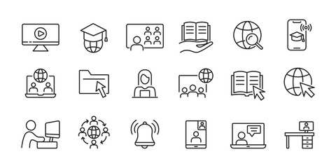 Online education icon set. E-learning, video tuition, online conference. Vector