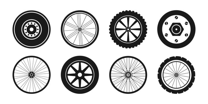 Black wheel icon set. Bicycle, auto, motorbike wheels. Vector illustration