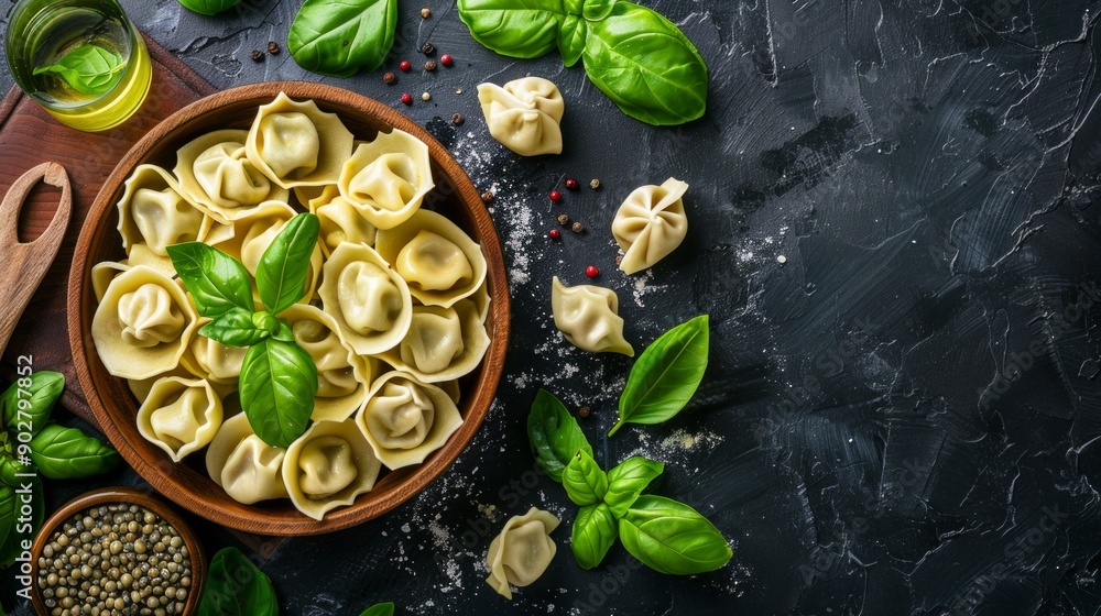 Sticker Fresh tortellini pasta in a wooden bowl with basil leaves on a dark slate background. Culinary photography depicting healthy Italian cuisine. 