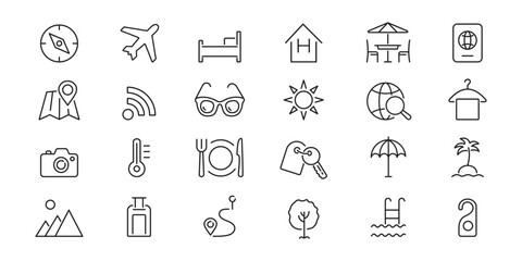 Set of hotel elements. Travel line icons. Vector simple