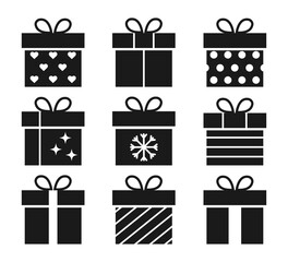 Gift box icons set. Present silhouette style. Vector illustration
