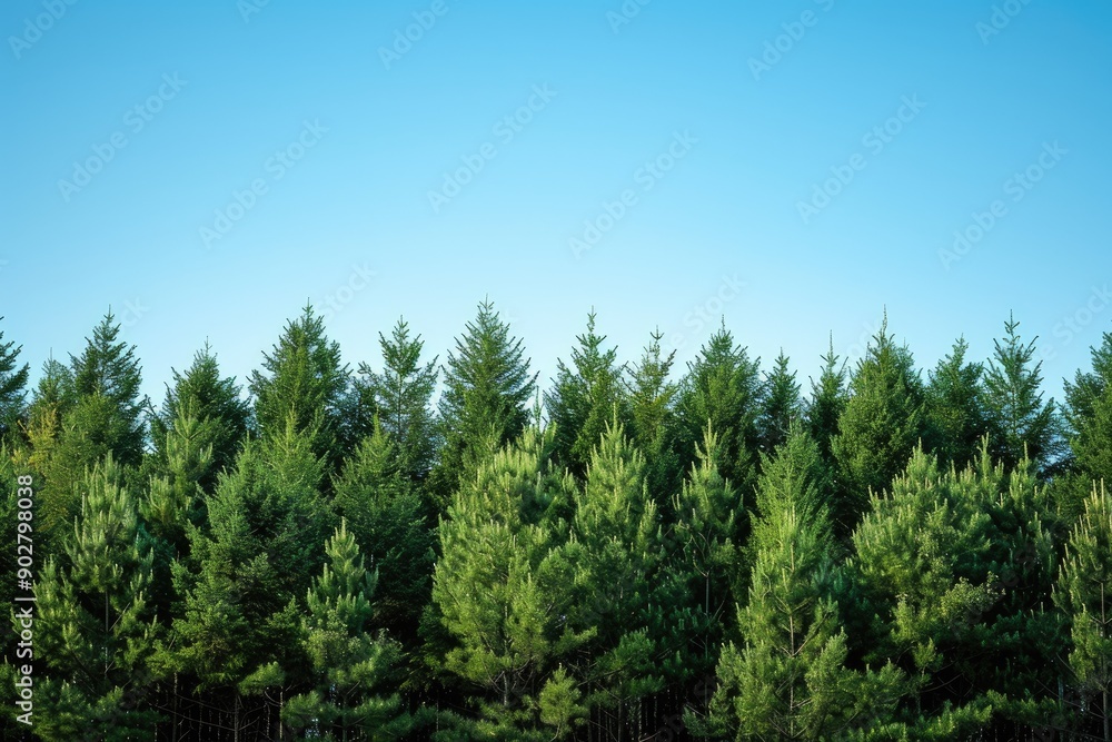Poster a row of trees with a blue sky in the background