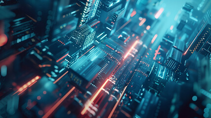 Futuristic cityscape in digital abstract style with sleek modern architecture illuminated by neon lights in blue and orange