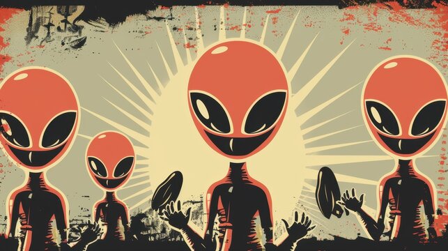 Vintage-Style Alien Invasion Illustration with Flying Saucers