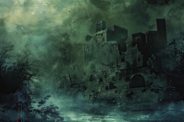 Fototapeta premium Ancient castle ruins shrouded in mist and mystery