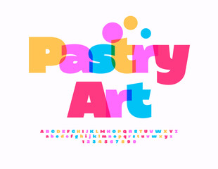 Vector funny badge Pastry Art. Kids Colorful Font. Bright Alphabet Letters and Numbers set.