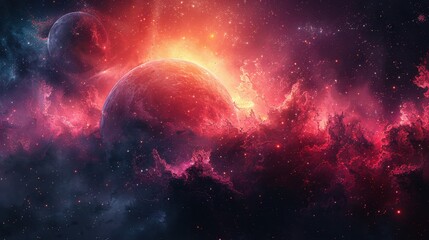 Red and Blue Space Illustration with Planets and Stars