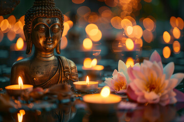 Fototapeta premium Golden Buddha statue among lotus flowers and candles.