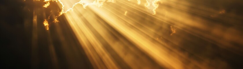 The sun is shining through the clouds, creating a warm and peaceful atmosphere. The light is streaming through the sky, illuminating the clouds and creating a sense of hope and renewal