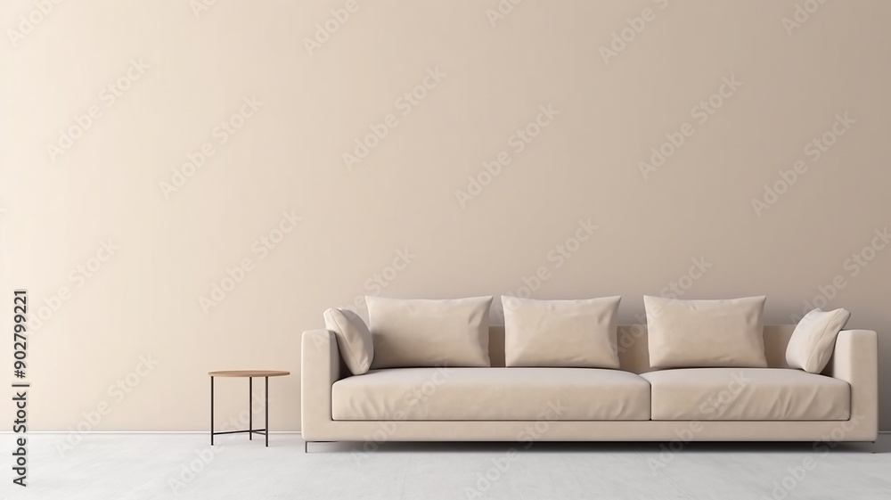 Wall mural beige sofa with cushions against a white blank wall, modern interior in a minimalist style