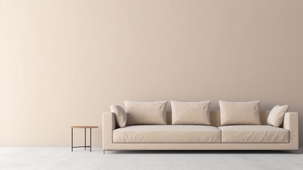 Beige sofa with cushions against a white blank wall, modern interior in a minimalist style