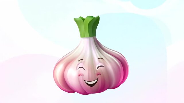 Smiling cartoon garlic character on pastel background