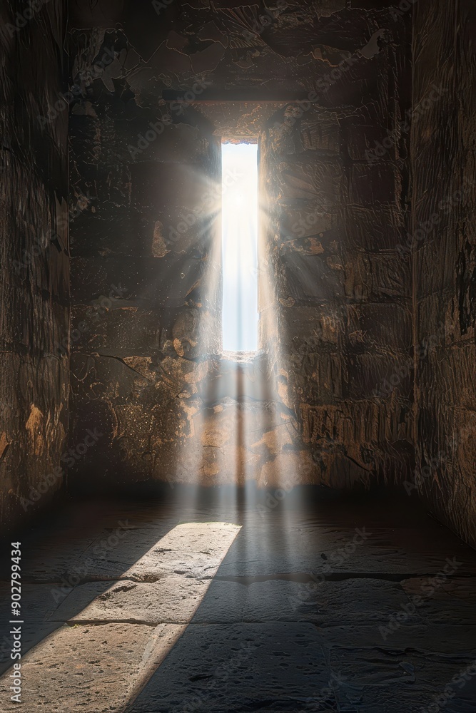 Poster the sun is shining through the clouds, creating a warm and peaceful atmosphere. the light is streami