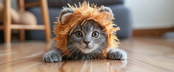 Grey cute cat dressed up as a lion