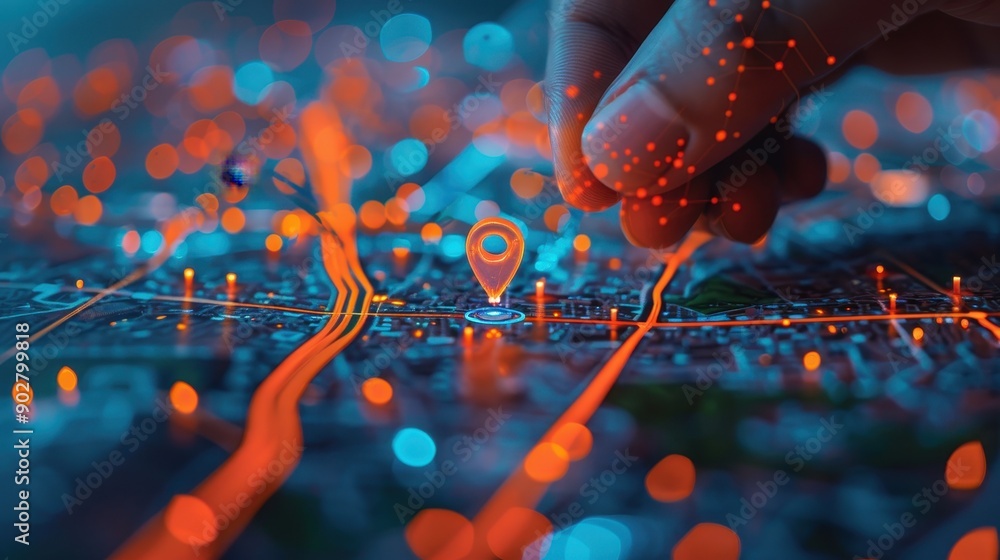 Poster a map with two red pins on it. the pins are pointing to a location. the map is blurry and colorful