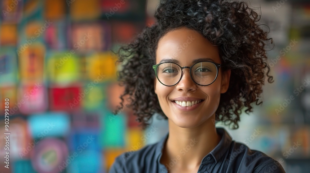 Poster Confident and Bright: A young woman with a warm smile, wearing glasses, radiates confidence and positivity against a backdrop of vibrant colors. 