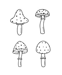 A set of poisonous fly agaric mushrooms. Vector illustration of the doodle style icon.