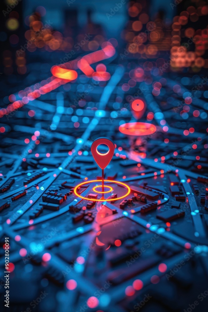 Poster a map with two red pins on it. the pins are pointing to a location. the map is blurry and colorful