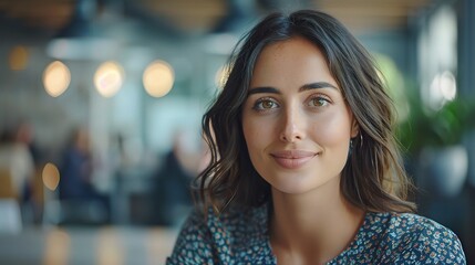 Obraz premium Confident and Serene: Portrait of a young businesswoman with a warm smile, exuding confidence and serenity in a bustling office environment. 