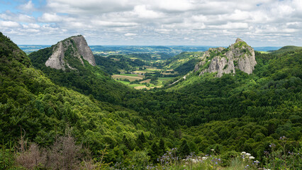 Panoramic viewpoint on Sanadoire and Tuiliere rocks (Roches Tuilière et Sanadoire in French) Puy de Dome, Auvergne, France.