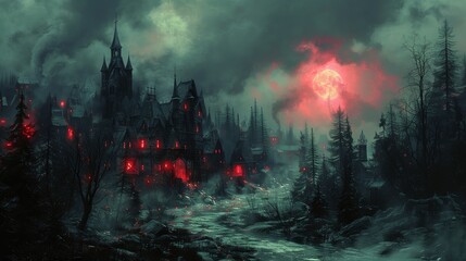 Obraz premium Eerie Castle Surrounded By Dark Forest Under Red Moonlight at Night