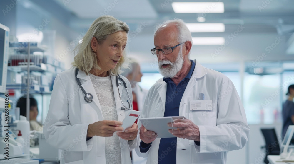 Poster two senior scientists discussing research data on tablet in a modern laboratory, emphasizing collabo