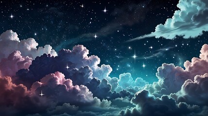 A vibrant and colorful sky with stars, transitioning from sunset to night.