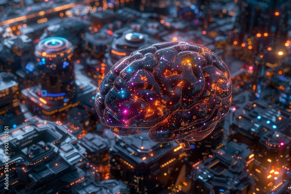 Poster glowing brain spheres over a circuit board showcasing neural networks and advanced technology.