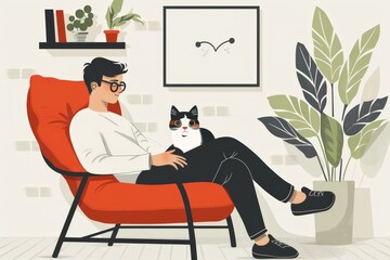 A Tranquil Moment of Bonding: Man and Cat in a Cozy Living Room Setting