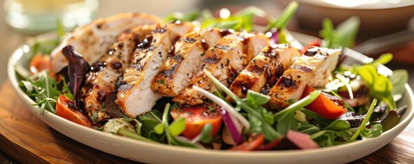 Delicious grilled chicken salad with mixed greens and balsamic vinaigrette, perfect for healthy meals