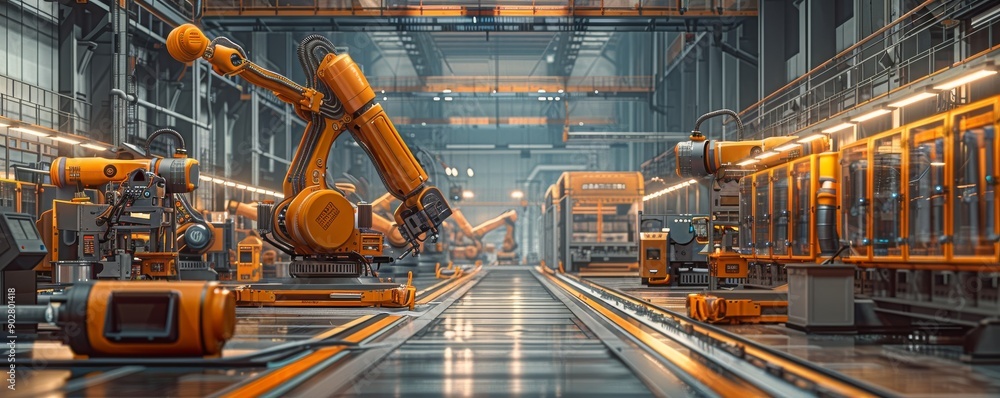 Poster modern automated production line with robotic arms in a factory setting
