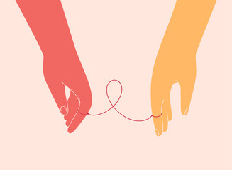 Human hands connected with pink or red ribbon. Fight against breast cancer together. Family Help and friends support for people with oncology and HIV illnesses. Vector illustration
