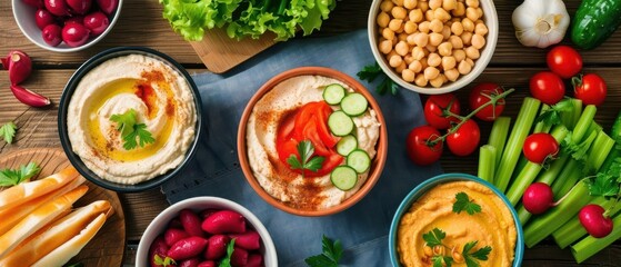 Vibrant hummus assortment with fresh vegetables and plant-friendly dips, perfect for sharing and enjoying healthy snacks