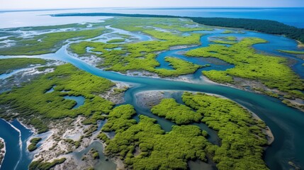 A river with a green forest on either side. The water is blue and the trees are lush and green