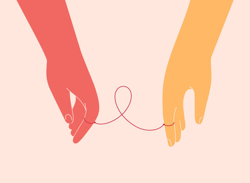Human hands connected with pink or red ribbon. Fight against breast cancer together. Family Help and friends support for people with oncology and HIV illnesses. Vector illustration