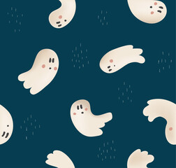 Simple pattern design, seamless repeat non directional of  cute little ghosts on navy background. Childlike cute non scary halloween design.
