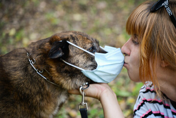 Woman in a protective mask on her face kisses the Australian Cattle Dog's face. Mask mode....