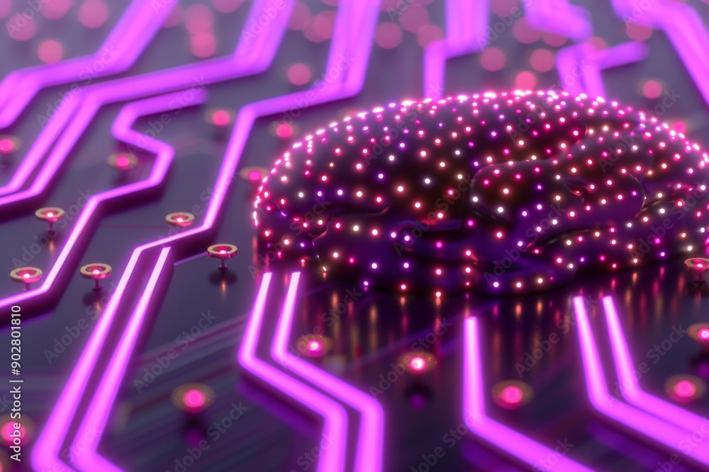 Poster pink brain hologram with neural pathways representing advanced technology and innovation.