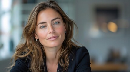 Confident Woman: Portrait of a confident businesswoman with a calm, professional demeanor. Her sharp gaze reflects determination and success. 