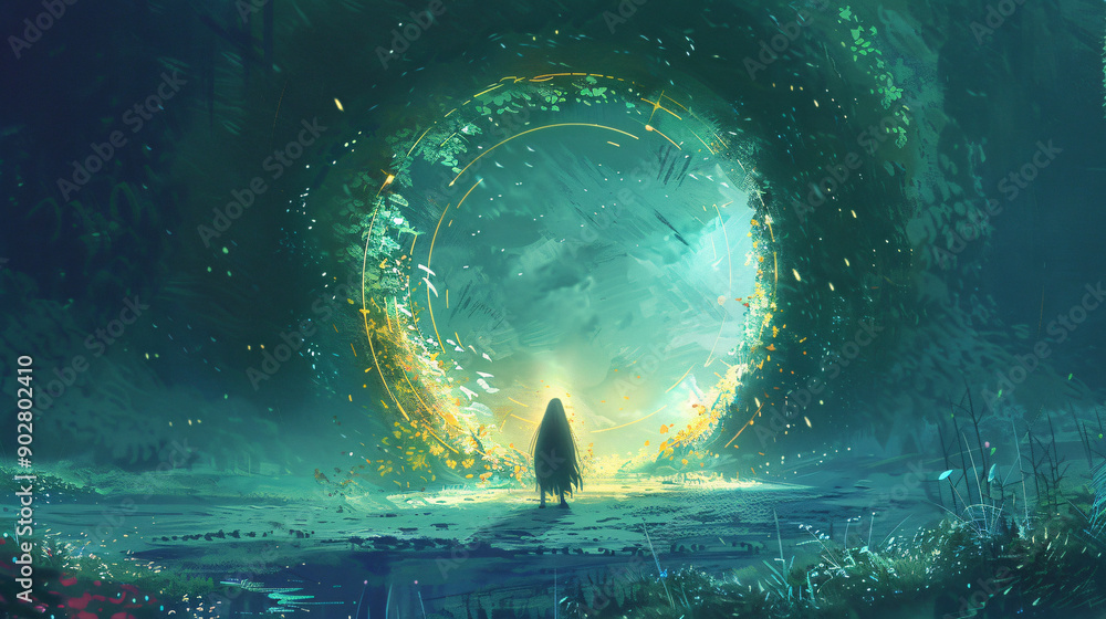 Poster wanderer entering a mystical gateway amidst a verdant forest with shimmering specks